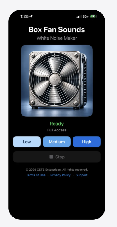 Box Fan Sounds app screen showing the fan and playback controls